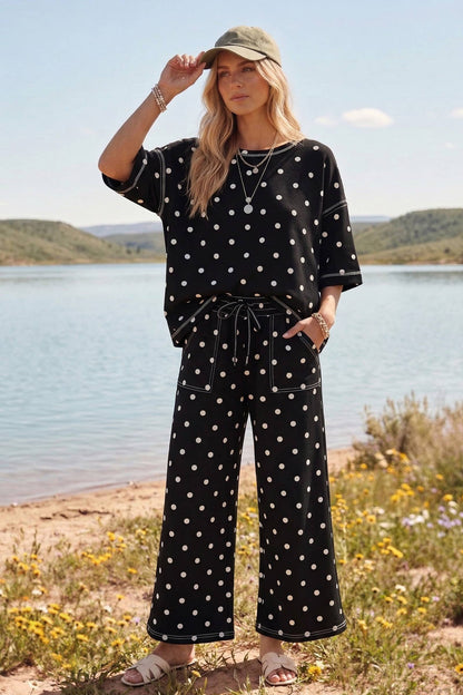Scuba Polka Dot Lounge Set: BLACK/WHITE