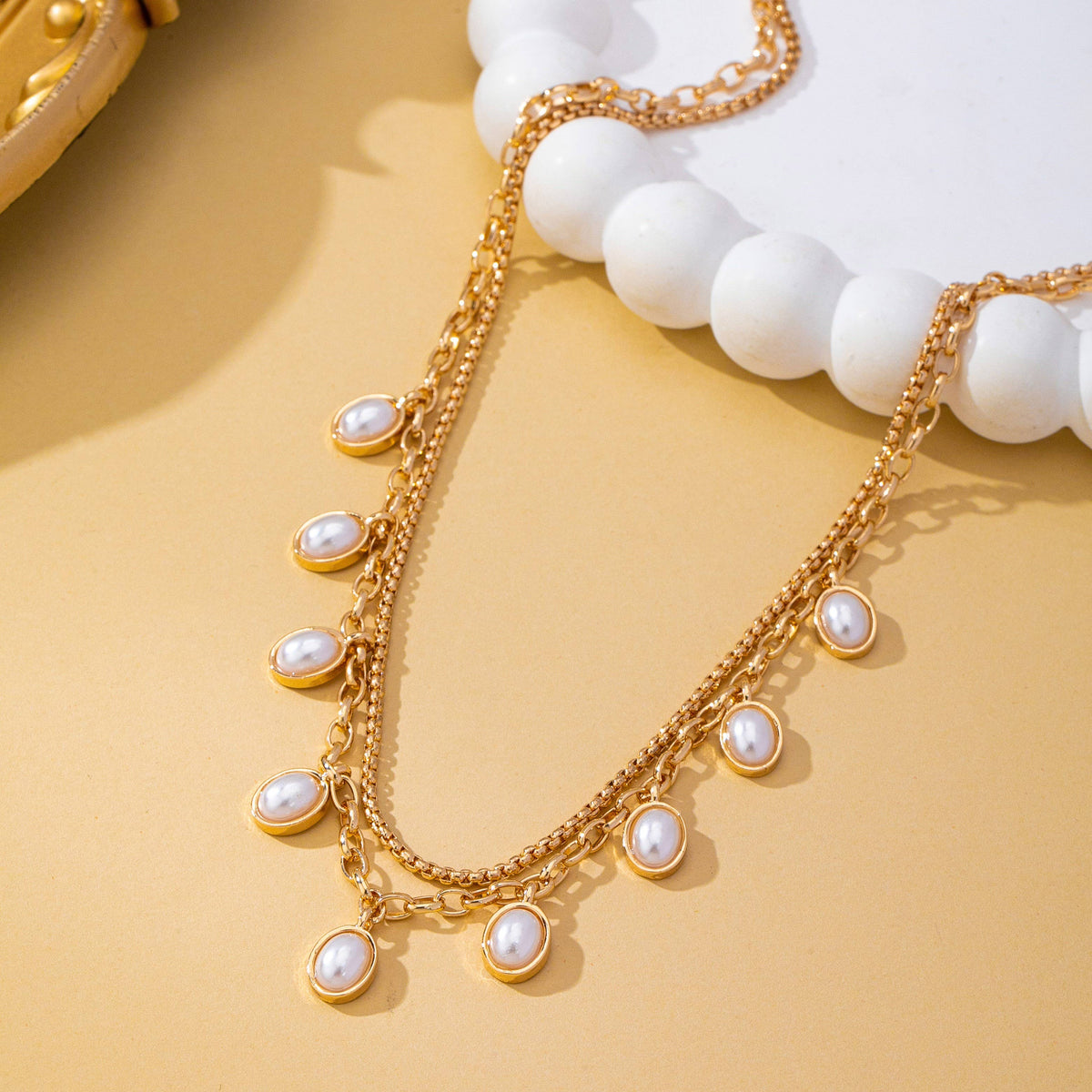 Layered Gold Chain Pearl Charm Necklace | 80N93660: GOLD