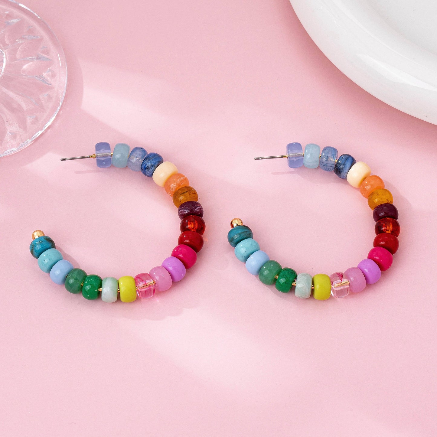 Multi-Color Beaded Hoop Earrings | 80E62019: Gold