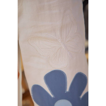 RETRO FLORAL APPLIQUE WIDE LEG COTTON PANTS: OFF WHITE
