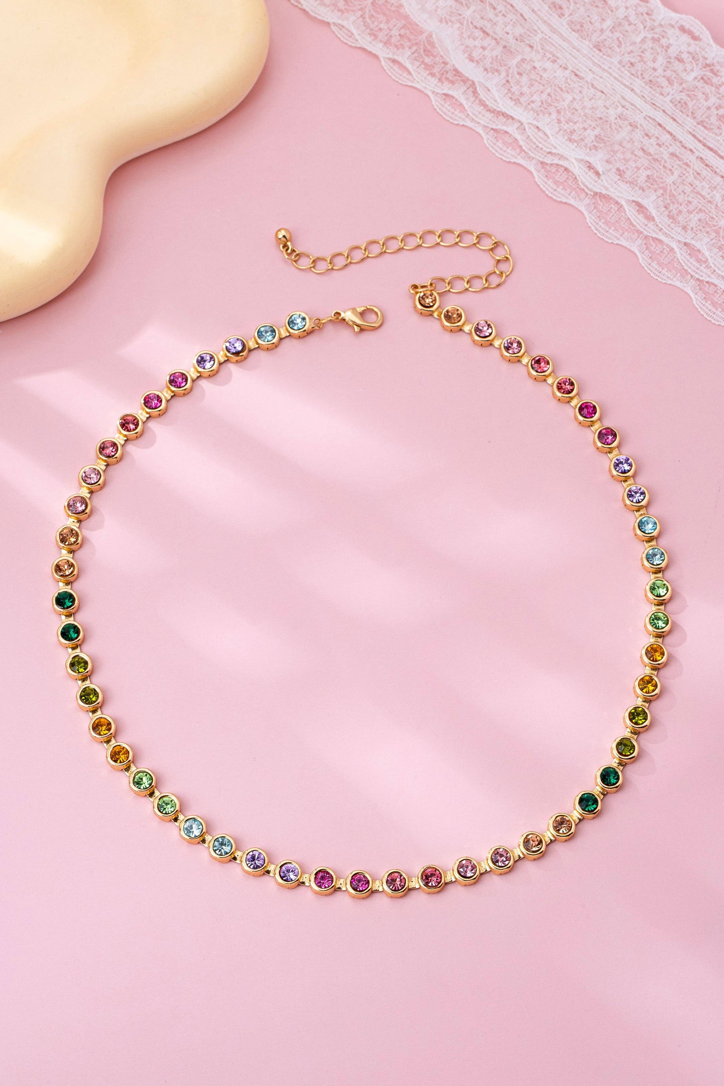 Rainbow Bezel-Set Gemstone Tennis Necklace | 80N92827: Gold