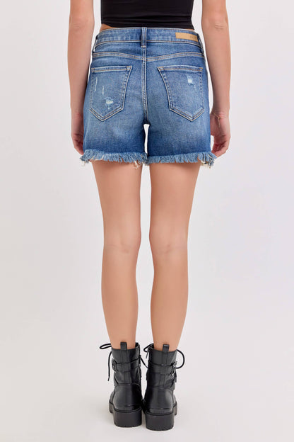 Boyfriend Shorts with Uneven Fray Hem Dark Size Small