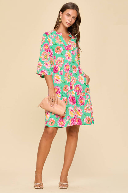 Floral Print Shirred Tiered 3/4 Sleeve Dress: MINT