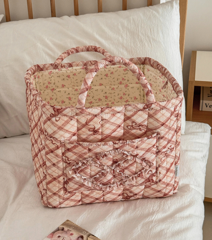 Red Quilted Storage Basket Boho Organizer Tote