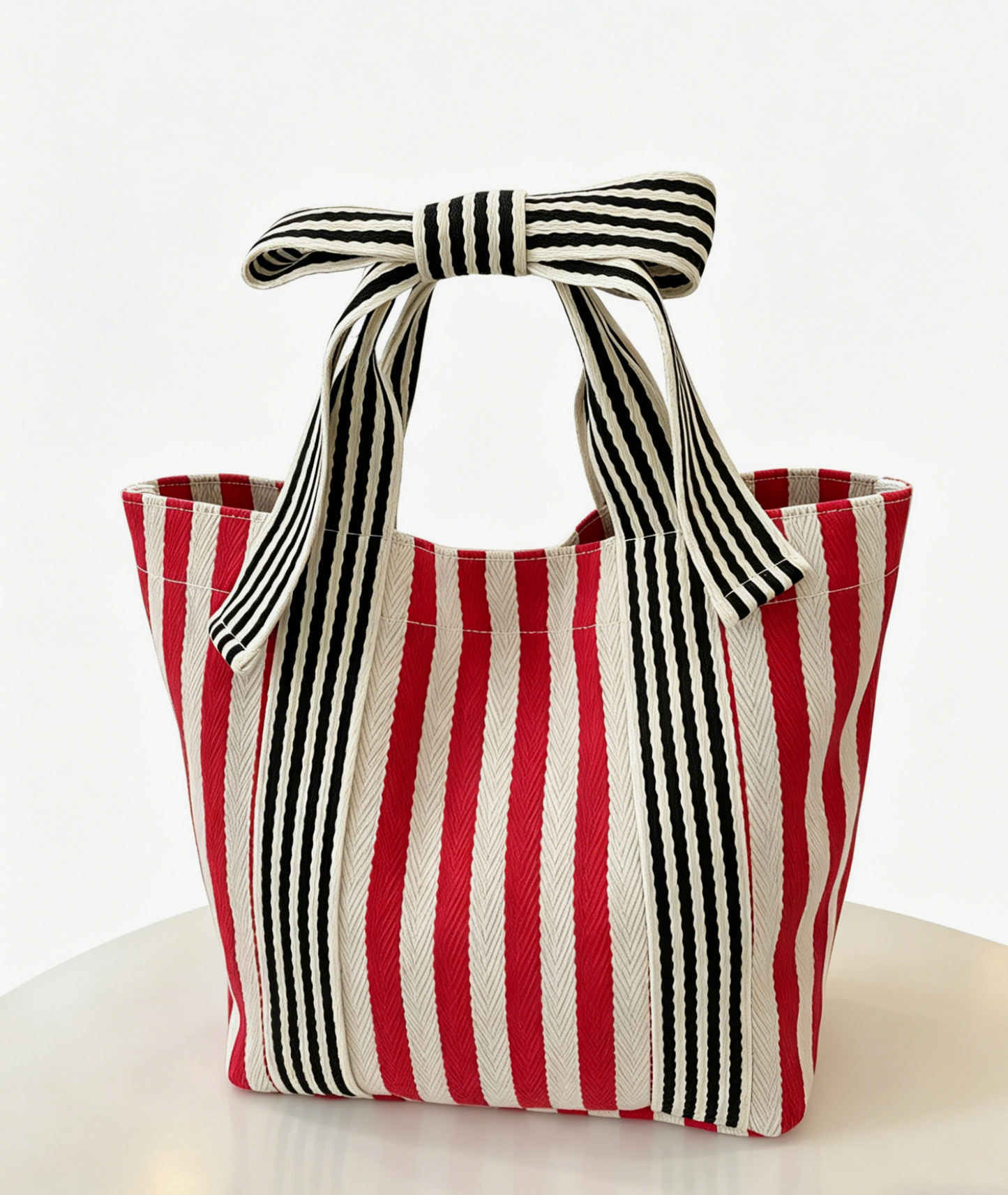 Beige Mini Striped Tote Bag Beach Bow Handle Bag