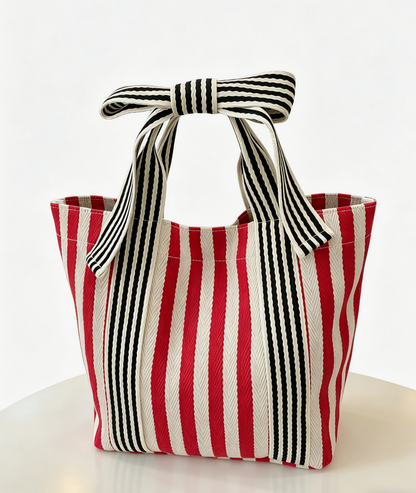 Beige Mini Striped Tote Bag Beach Bow Handle Bag