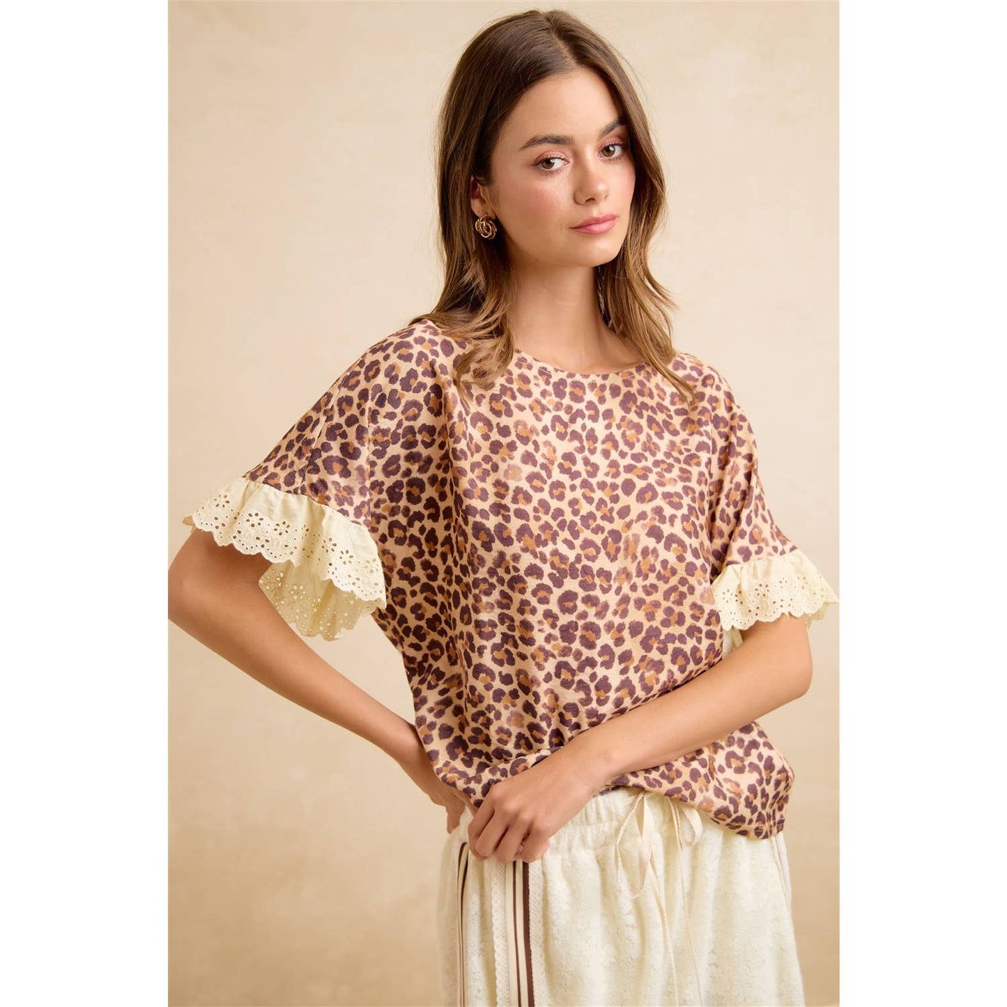 LEOPARD AND EYELET LACE RUFFLED TOP AND SHORTS SET