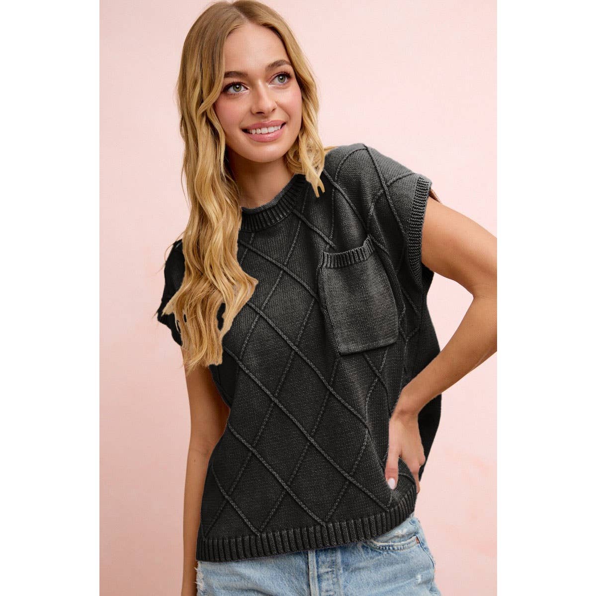 DIAMOND PATTERN WASHED KNIT DROP SHOULDER TOP: BLACK CHARCOAL