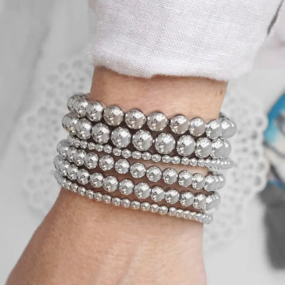 Multi Size Ball Beaded Bracelet Stack Silver Tone Bracelets