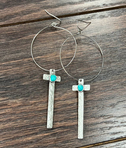 Cross Turquoise Hoop Earrings