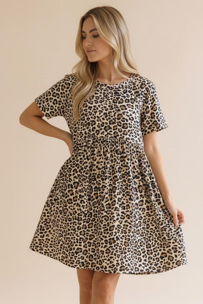 Short Sleeve Babydoll Leopard Animal Dress