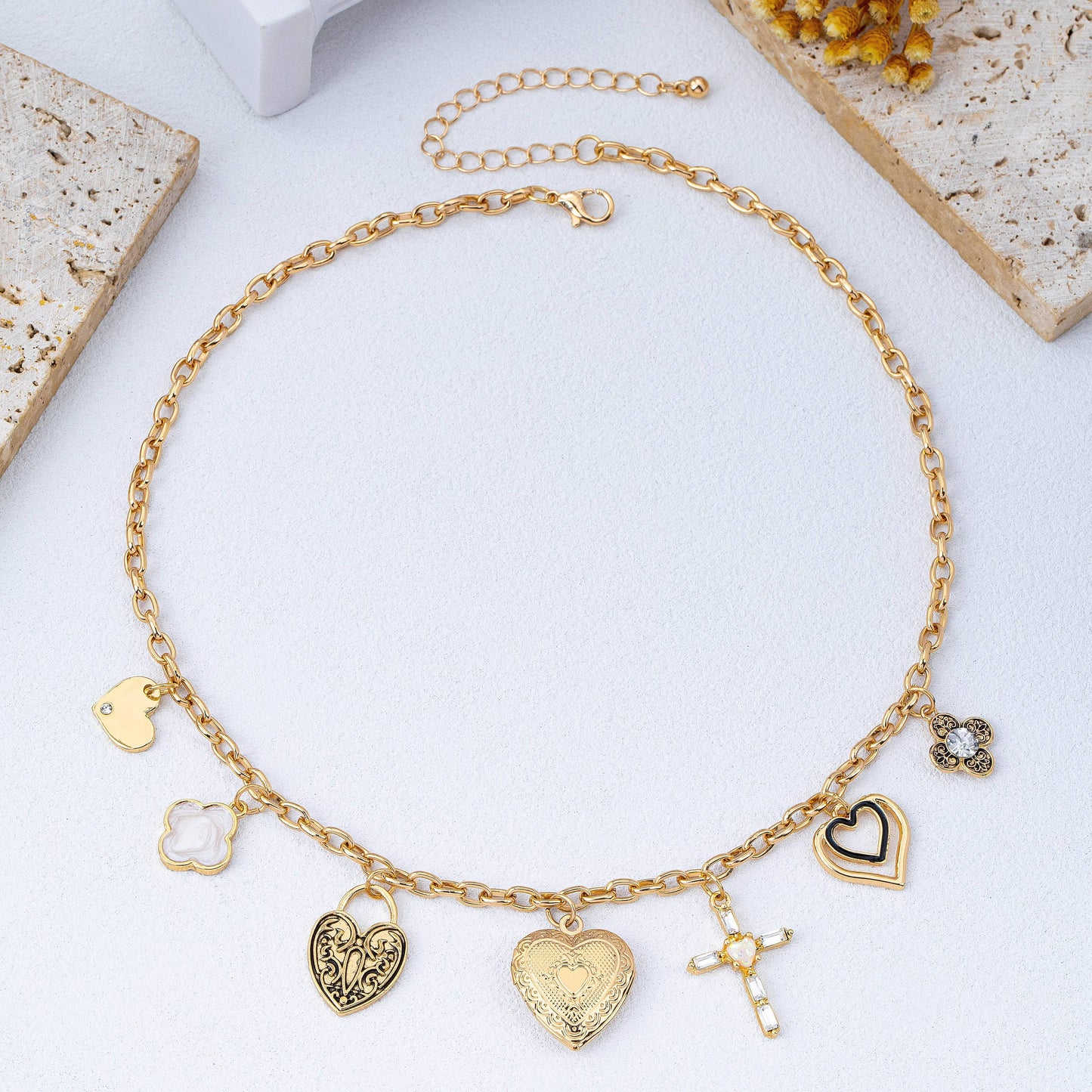 Antique Heart Locket & Cross Multi-Charm Necklace | 80N93116: Gold