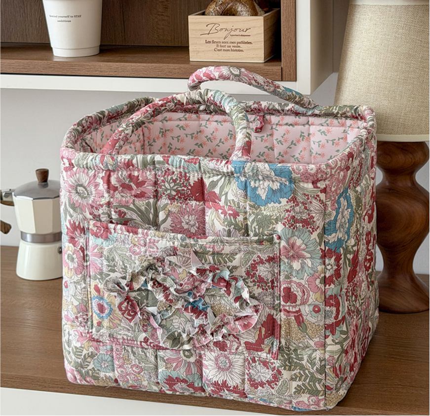 Red Quilted Storage Basket Boho Organizer Tote