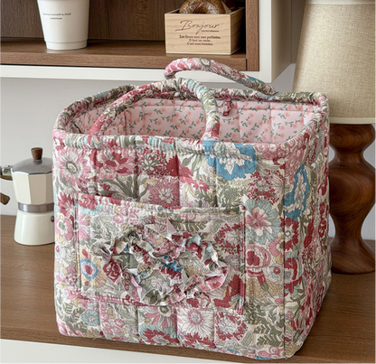 Red Quilted Storage Basket Boho Organizer Tote
