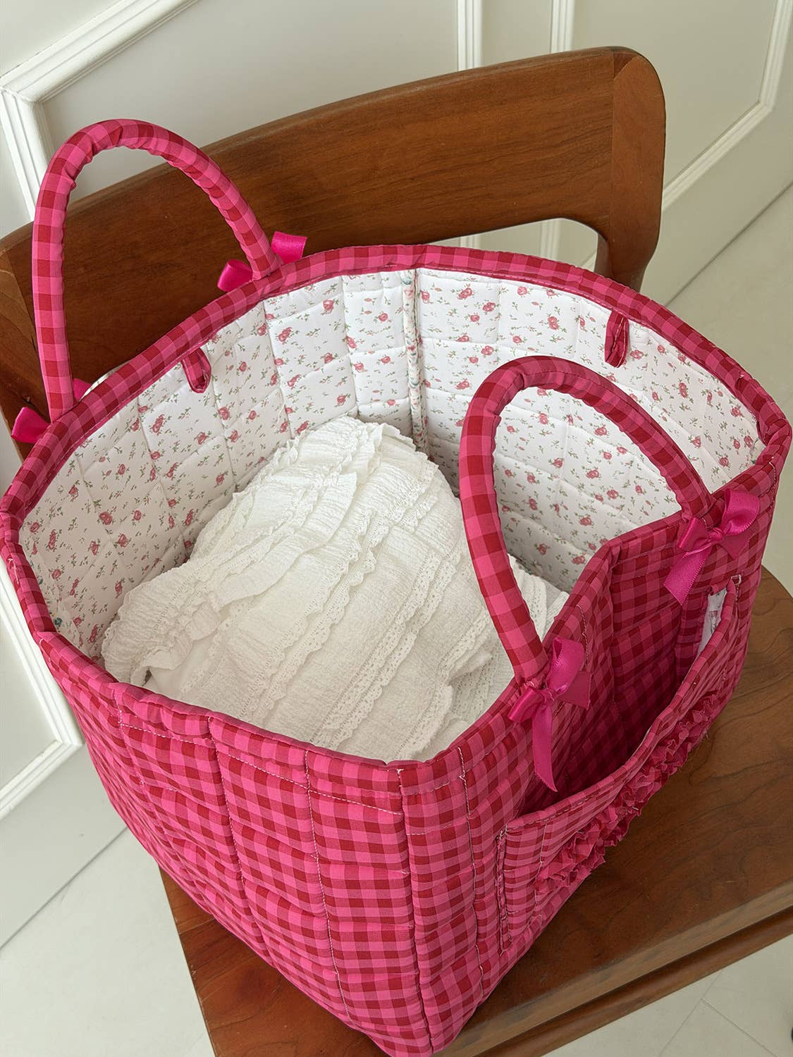 Rose Red Gingham Laundry Basket Foldable Quilted Storage Basket