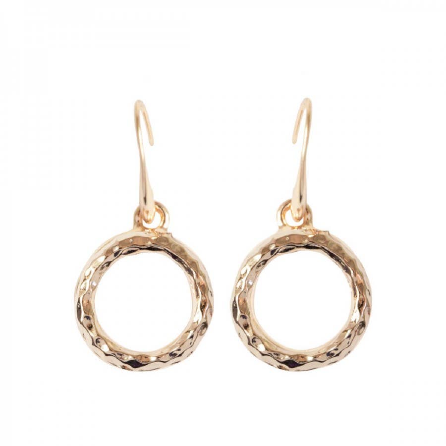 Hammered Circle Drop Earrings: Yellow Gold