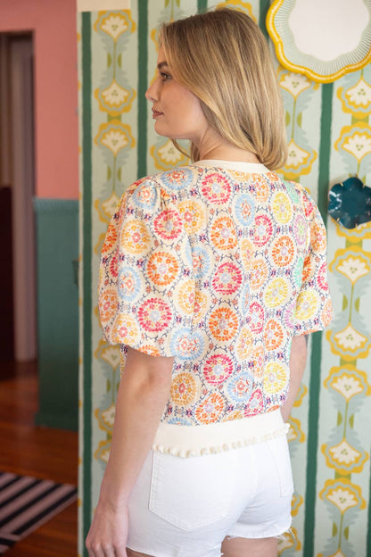 Floral Embroidered Print Bubble Sleeve Top
