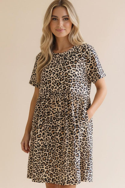 Short Sleeve Babydoll Leopard Animal Dress