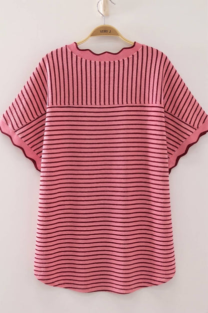 Scallop Trim Stripe Knit Top: PINK STRIPE