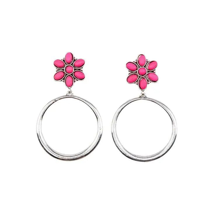 Silver Dangle Hoop Earring On Pink Flower Post