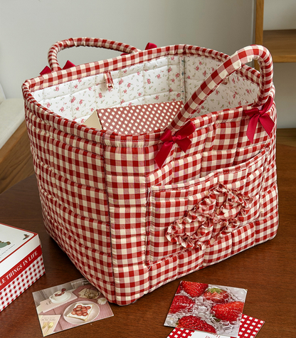 Rose Red Gingham Laundry Basket Foldable Quilted Storage Basket