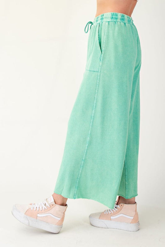EASEL EVERGREEN WASHED TERRY KNIT WIDE PANTS