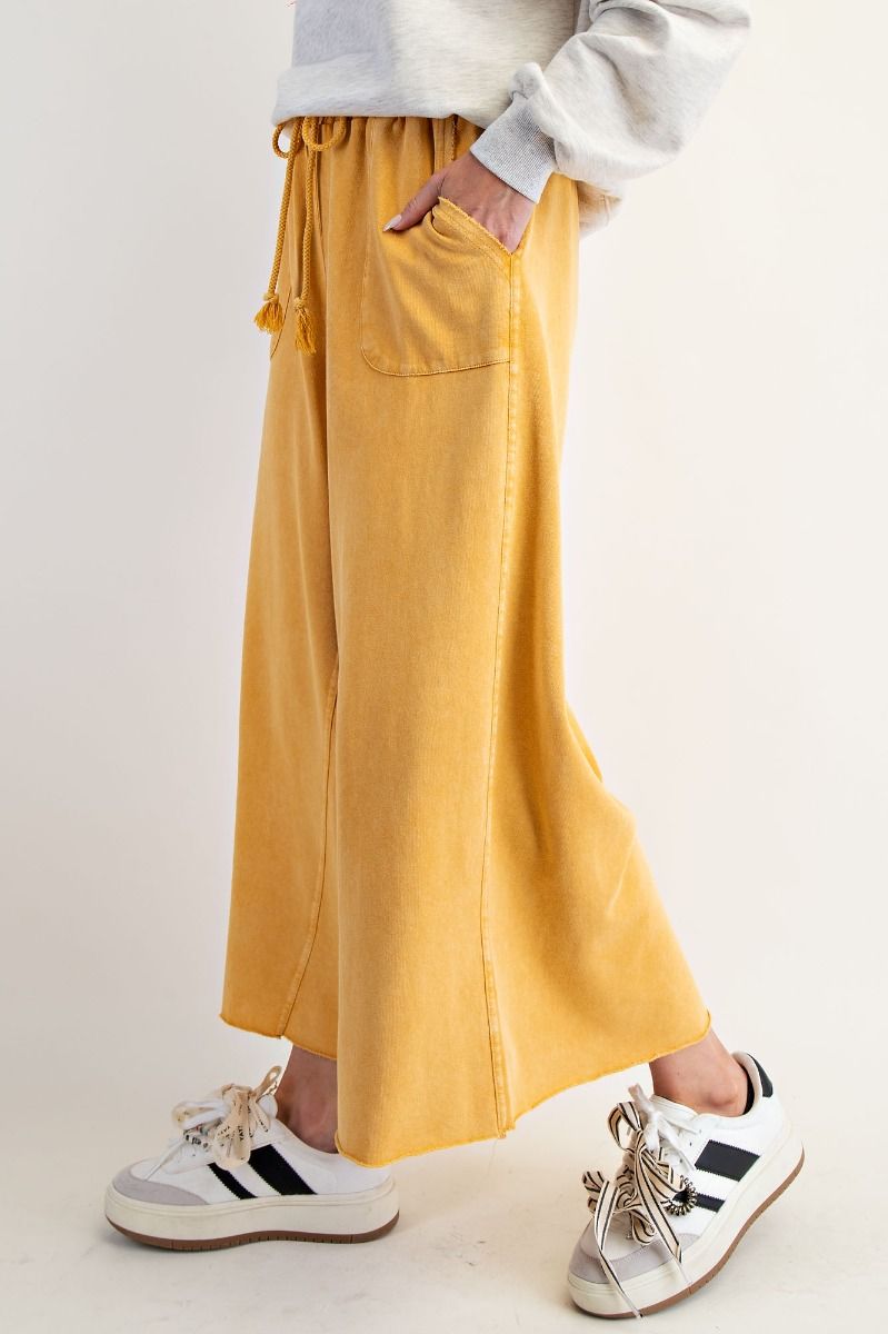 EASEL MUSTARD WASHED TERRY KNIT WIDE PANTS