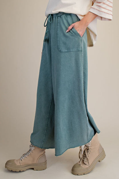 EASEL TEAL GREEN WASHED TERRY KNIT WIDE PANTS