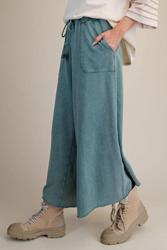 EASEL TEAL GREEN WASHED TERRY KNIT WIDE PANTS