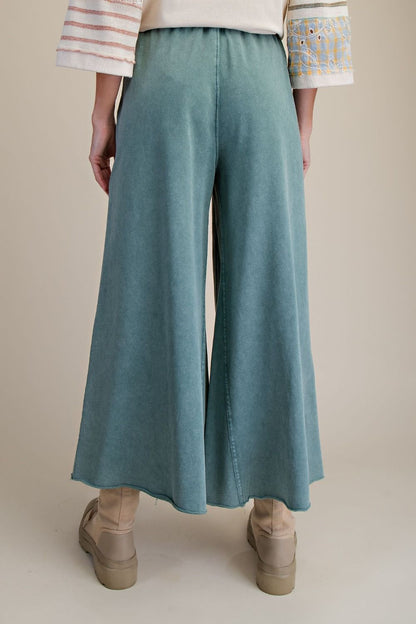 EASEL TEAL GREEN WASHED TERRY KNIT WIDE PANTS