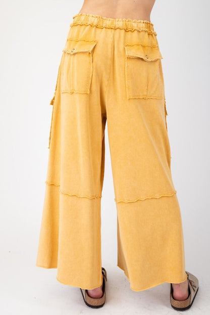 EASEL CAMEL WASHED WIDE LEGS TERRY CARGO PANTS