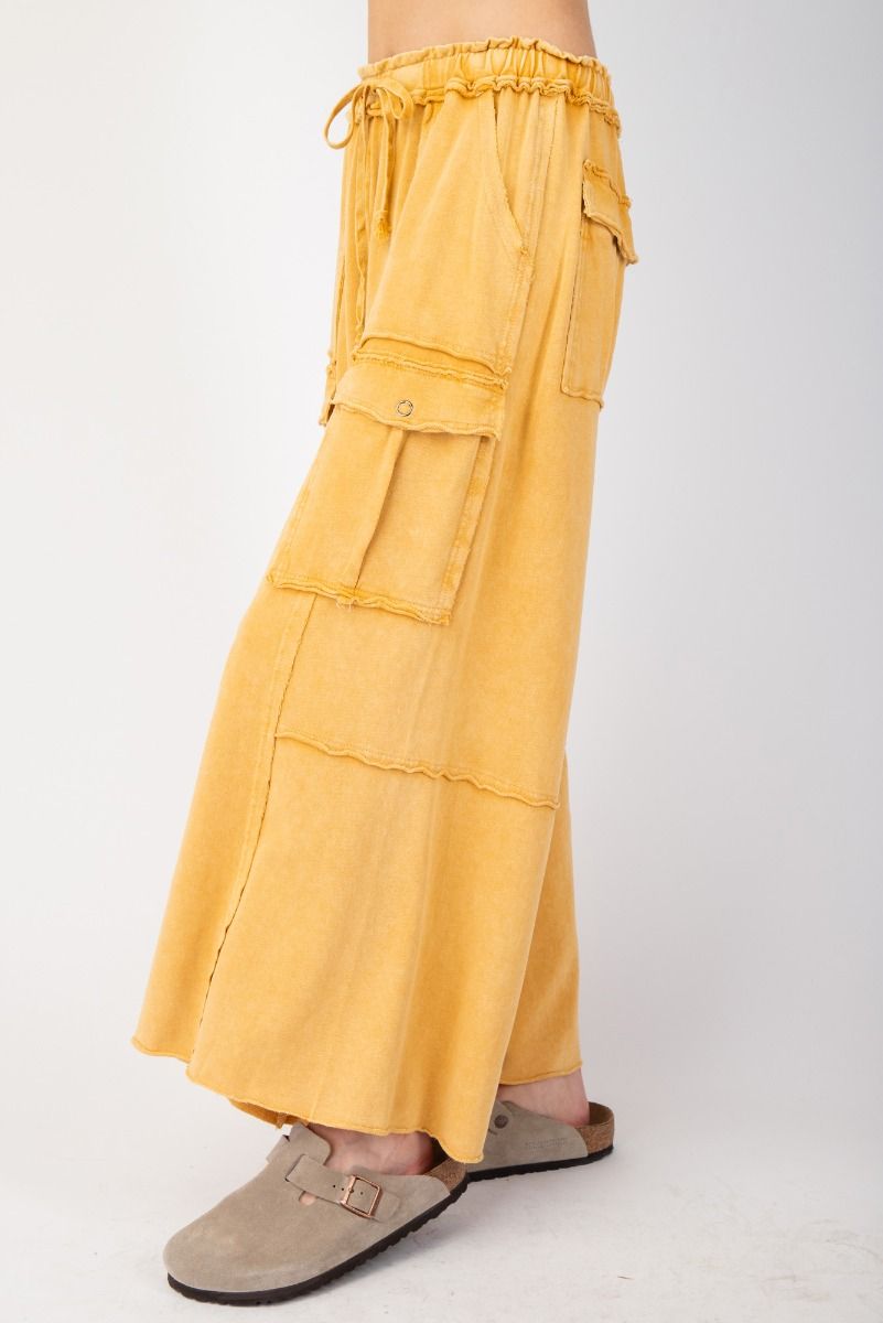 EASEL CAMEL WASHED WIDE LEGS TERRY CARGO PANTS