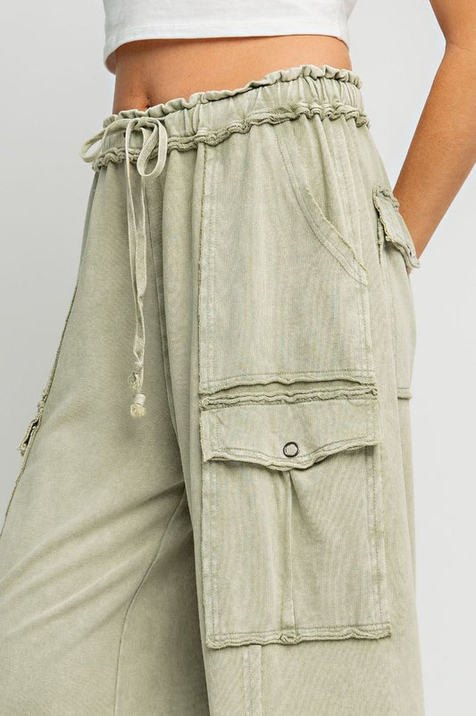 EASEL FADED OLIVE WASHED WIDE LEGS TERRY CARGO PANTS
