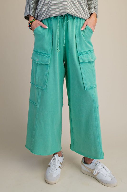 ATLANTIS GREEN WASHED WIDE LEGS TERRY CARGO PANTS