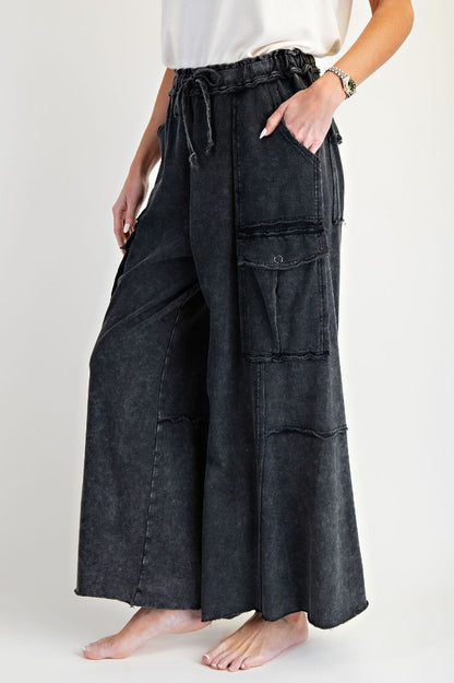 EASEL BLACK WASHED WIDE LEGS TERRY CARGO PANTS
