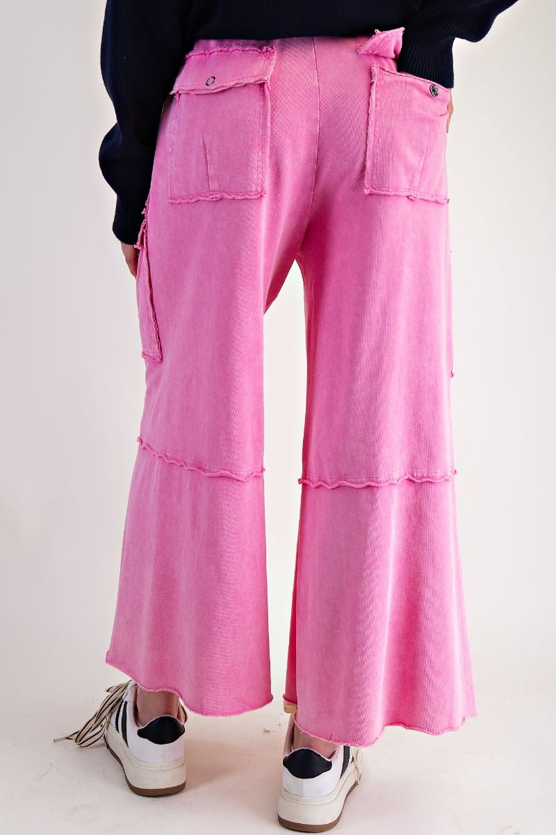 EASEL BUBBLE GUM WASHED WIDE LEGS TERRY CARGO PANTS