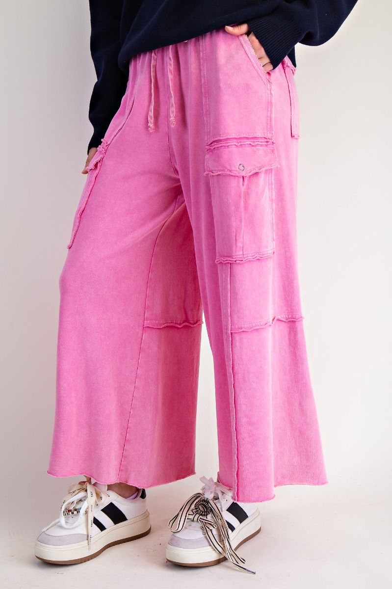 EASEL BUBBLE GUM WASHED WIDE LEGS TERRY CARGO PANTS