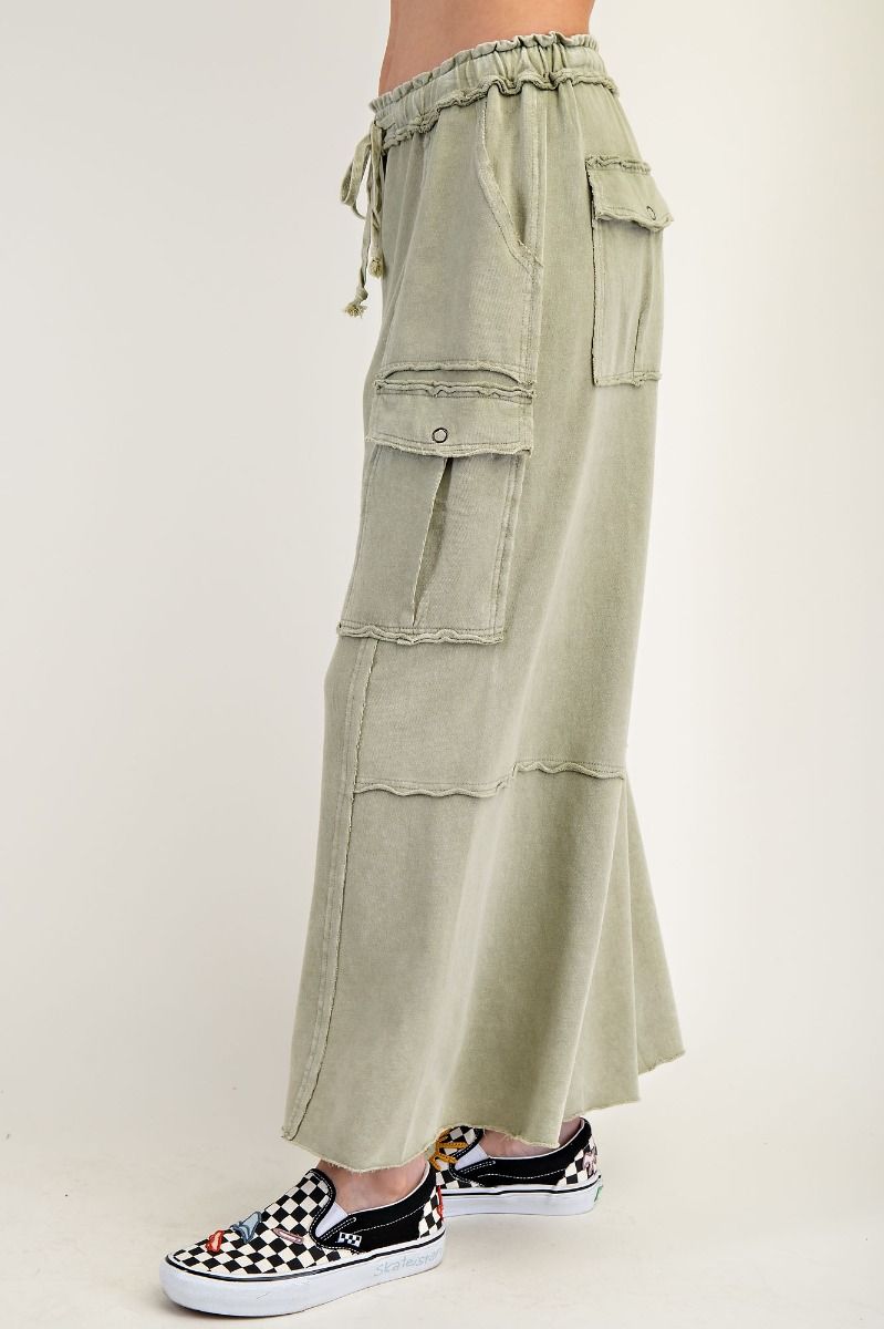 EASEL FADED OLIVE WASHED WIDE LEGS TERRY CARGO PANTS