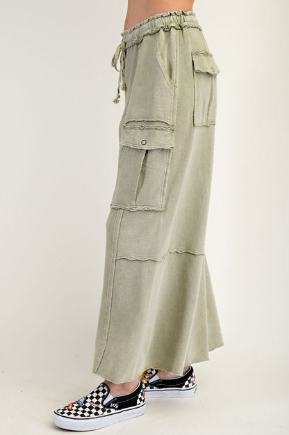 EASEL FADED OLIVE WASHED WIDE LEGS TERRY CARGO PANTS