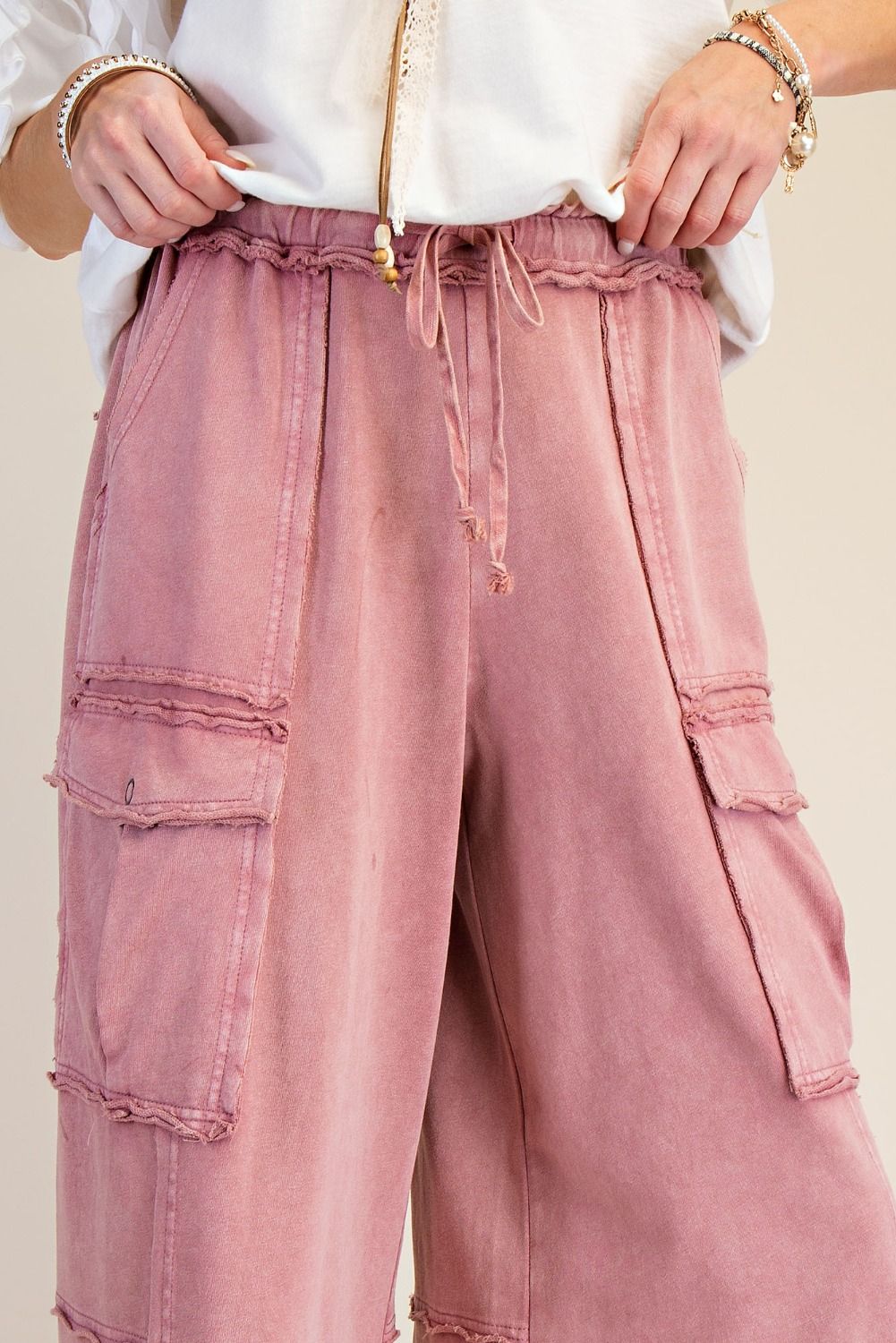EASEL FADED PLUM WASHED WIDE LEGS TERRY CARGO PANTS