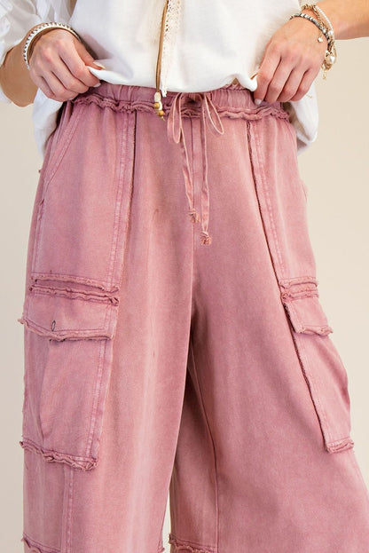 EASEL FADED PLUM WASHED WIDE LEGS TERRY CARGO PANTS