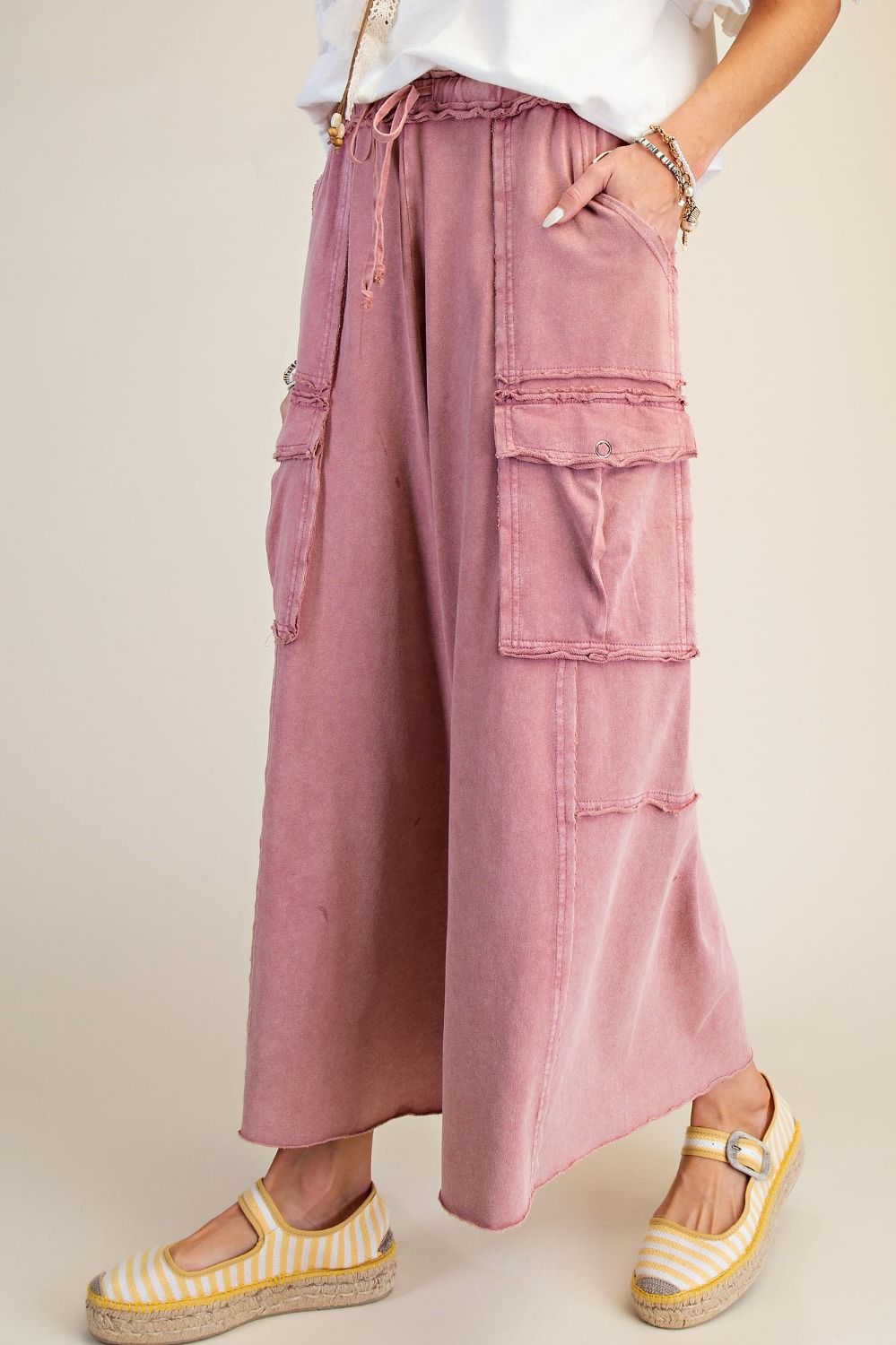 EASEL FADED PLUM WASHED WIDE LEGS TERRY CARGO PANTS