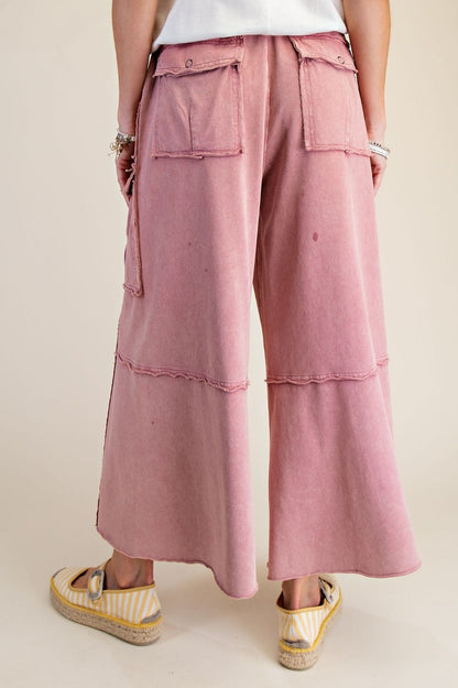 EASEL FADED PLUM WASHED WIDE LEGS TERRY CARGO PANTS