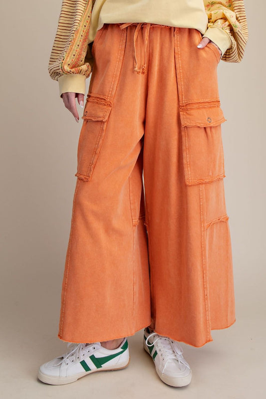 FADED RUST WASHED WIDE LEGS TERRY CARGO PANTS