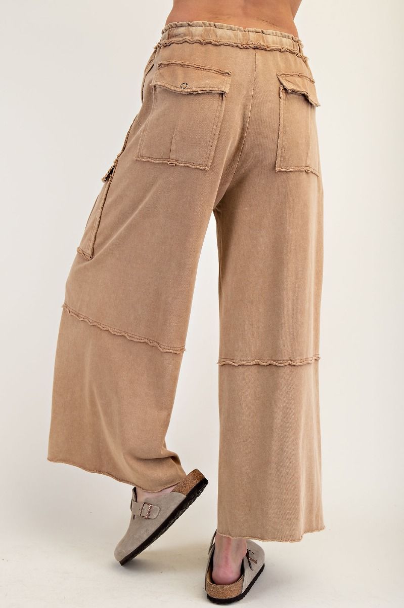 EASEL LATTE WASHED WIDE LEGS TERRY CARGO PANTS