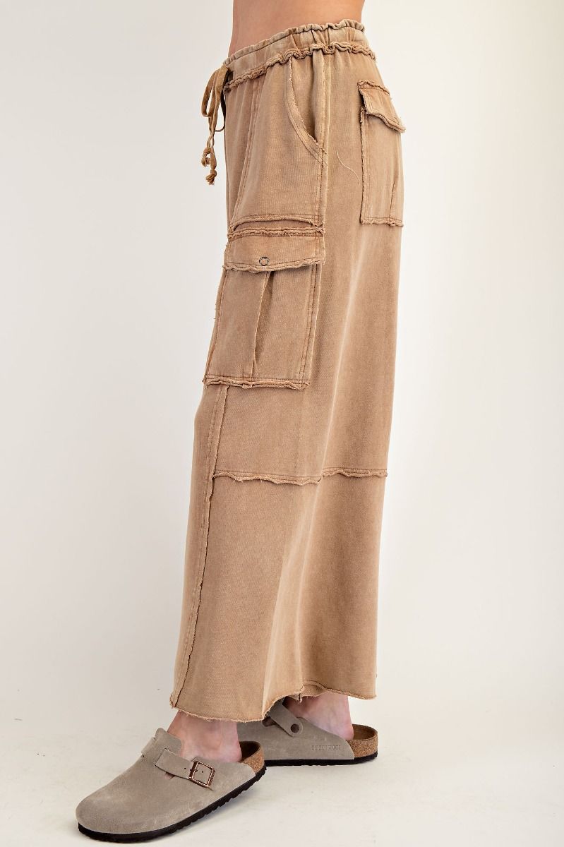 EASEL LATTE WASHED WIDE LEGS TERRY CARGO PANTS