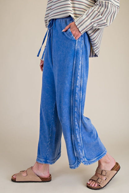 EASEL DAY BLUE MINERAL WASHED TERRY KNIT PANTS