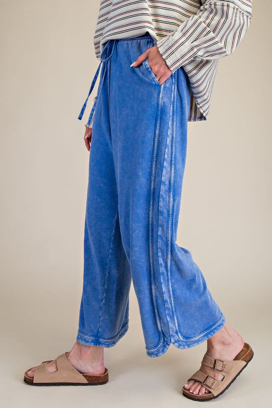 EASEL DAY BLUE MINERAL WASHED TERRY KNIT PANTS