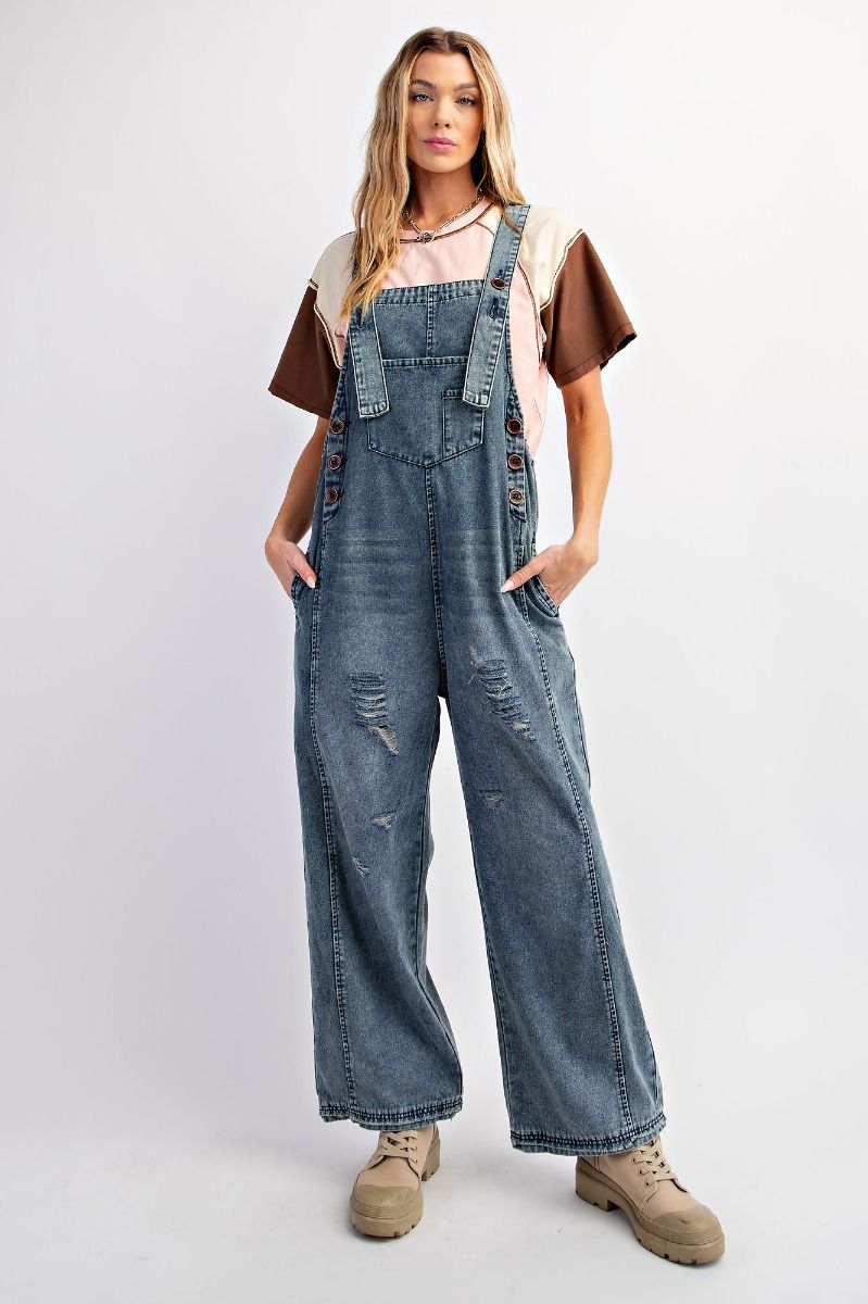 WASHED BLUE DENIM SLIM GRUNGE JUMPSUIT / OVERALLS