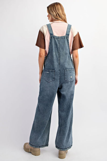 WASHED BLUE DENIM SLIM GRUNGE JUMPSUIT / OVERALLS